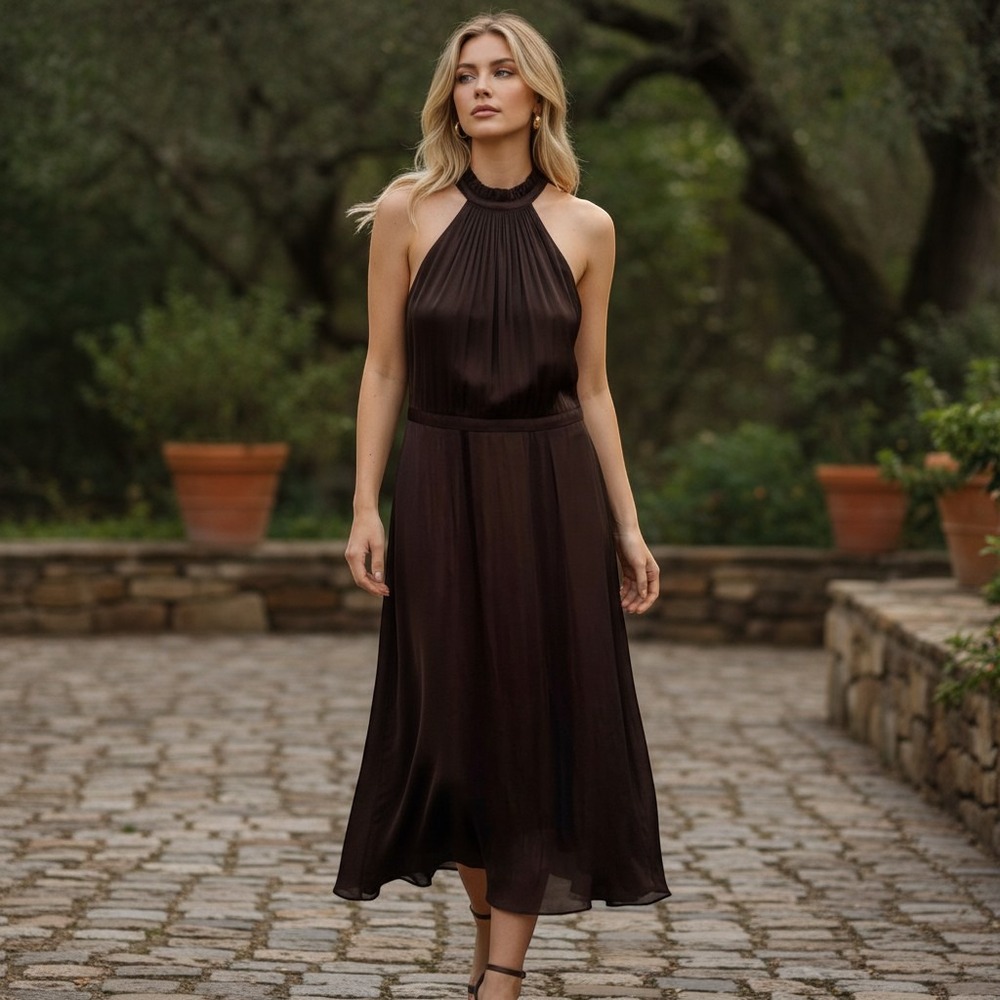 Banana Republic Dark Brown Pleated Halter Midi Dress Petite 2 Ruffle High Neck